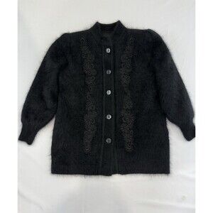 Lee Sands Black Vintage Beaded Button Up Angora Blend Coat Size L